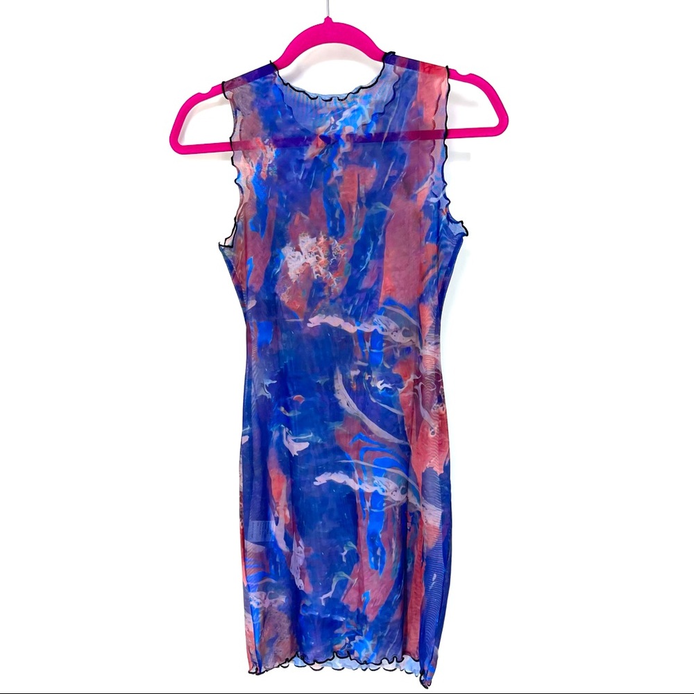 Small Blue Marble Print Lettuce Trim Mesh Dress - Picture 4 of 7